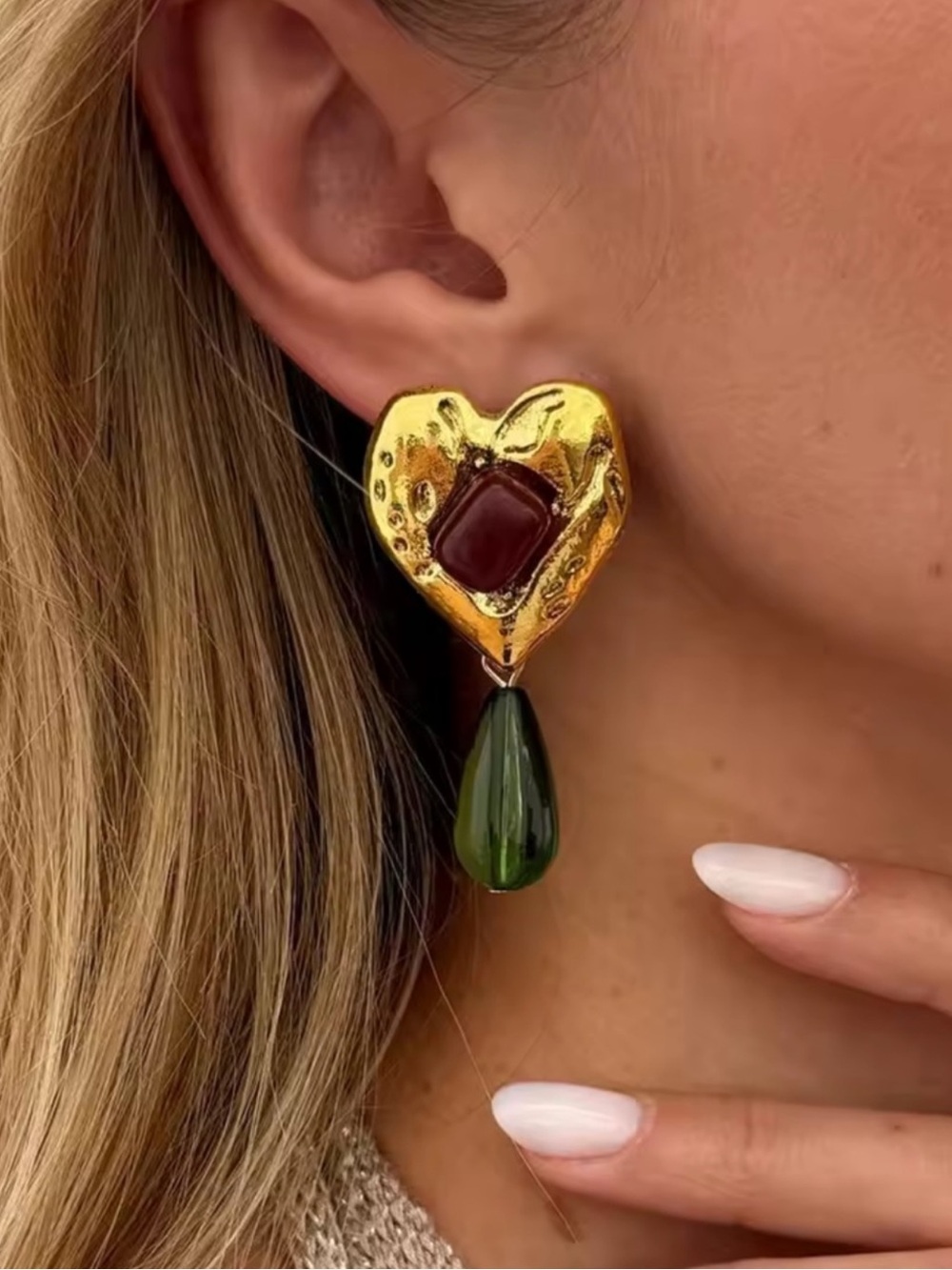 Gold Heart Earrings with Green Teardrops